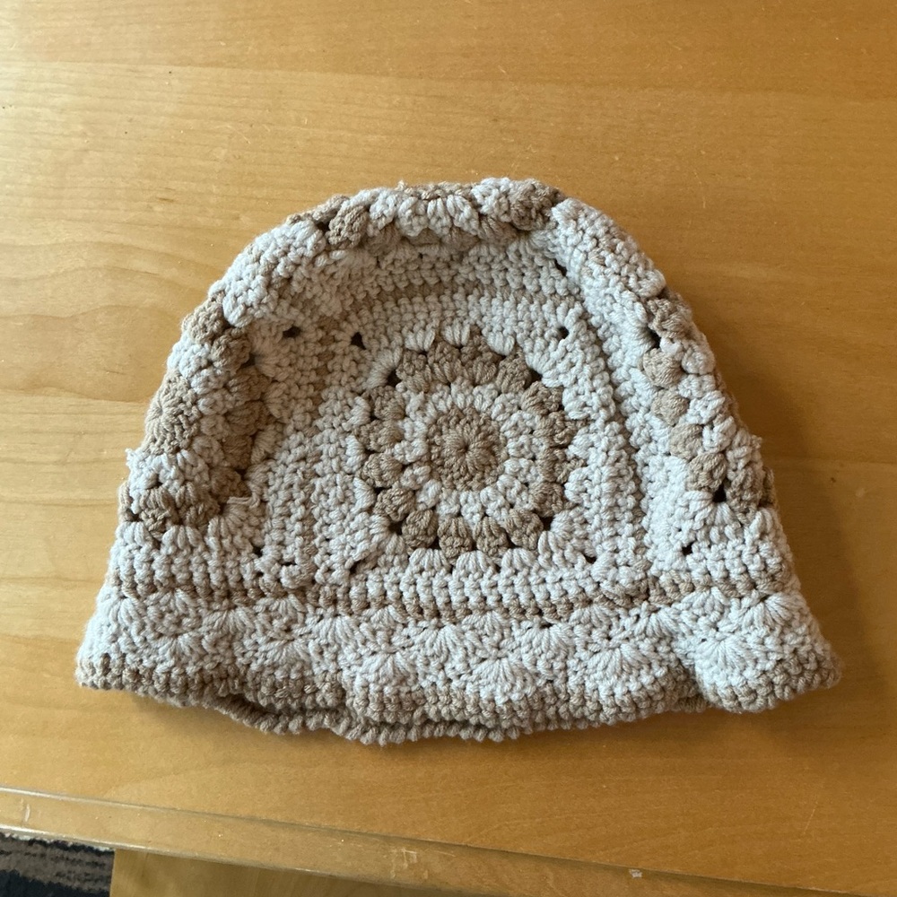 Crochet Beige and Brown Beanie stretchy one size